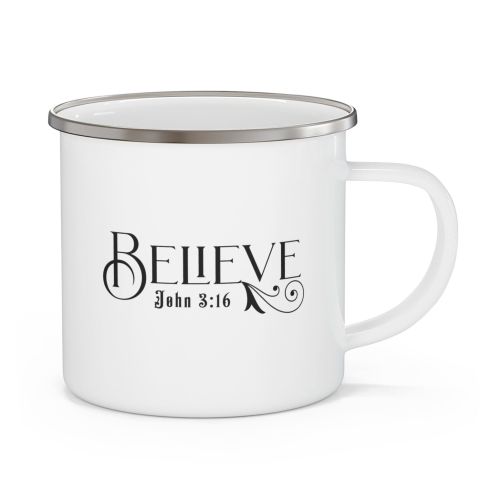 Enamel Camping Mug, Believe John 3:16 Black Illustration